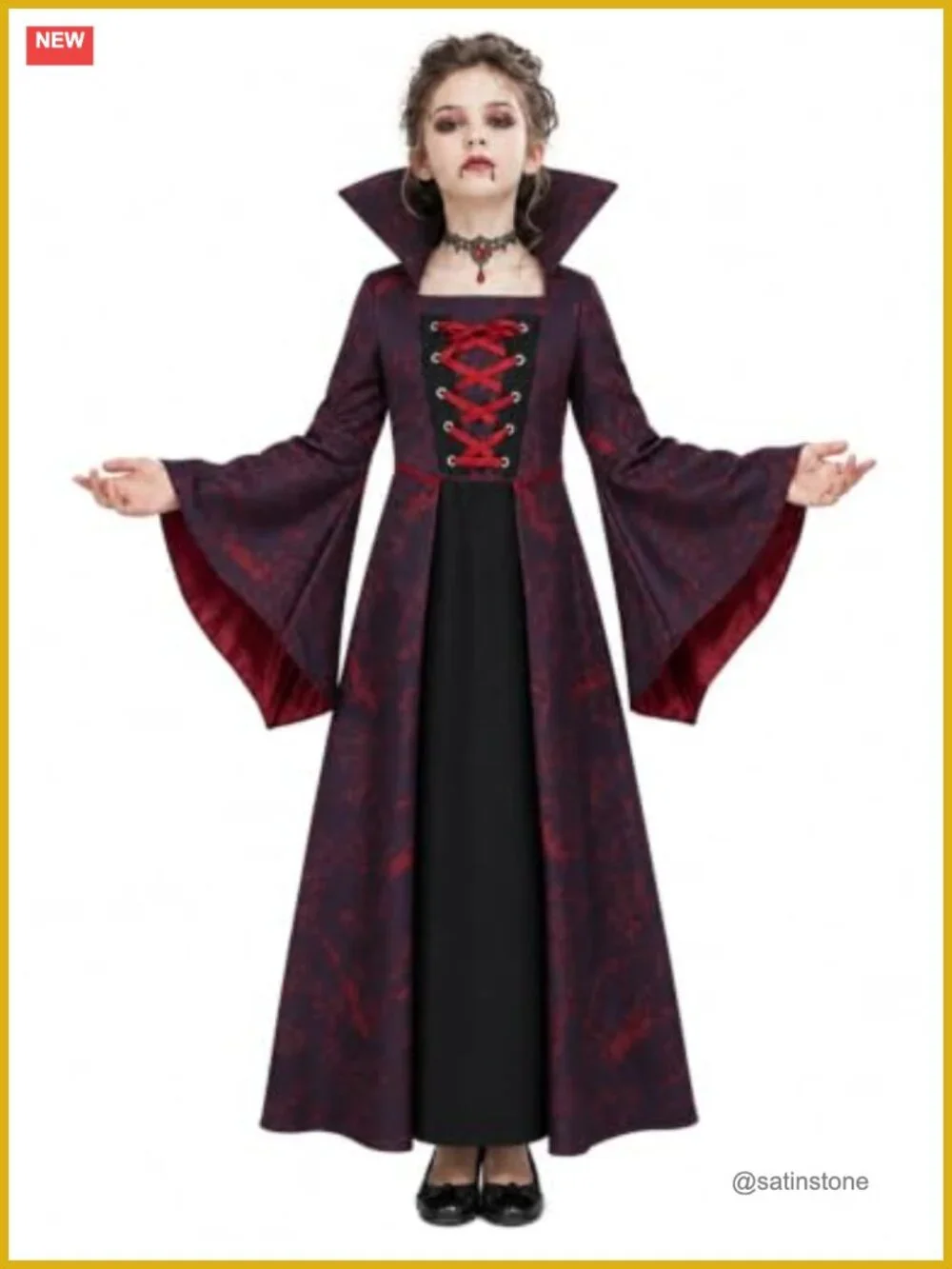 Kids Gothic Victorian Vampiress Dress Costume Set with Fangs, Staff & Choker